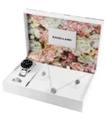 Excellanc Damen Geschenkset mit Uhr, Halskette, Fingerring und Ohrsteckern, silberfarben/schwarz