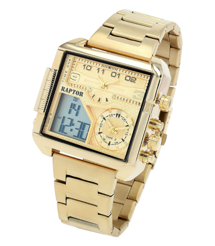 Raptor Herrenuhr "Domian" mit Edelstahlarmband, 3 Zeitzonen, eckig, analog/digital