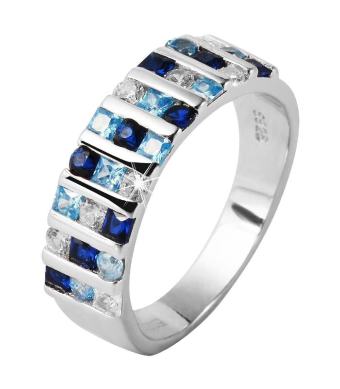 925 Echt Silber Ring mit blau-weißem Zirkoniabesatz, 925/rhodiniert