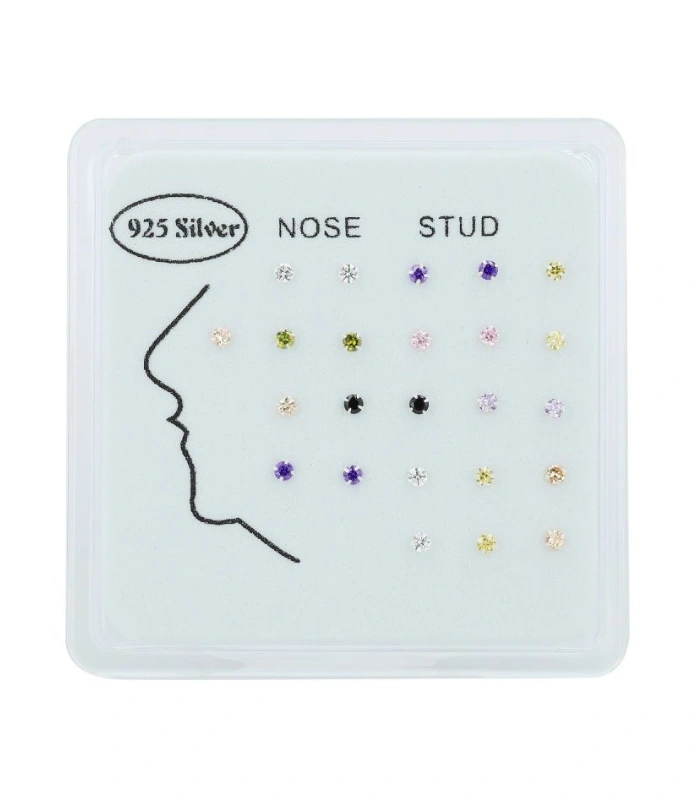 Clou de nez/ piercing nasal en forme de I « Vaida », argent véritable 925/rhodium, lot de 24 pièces