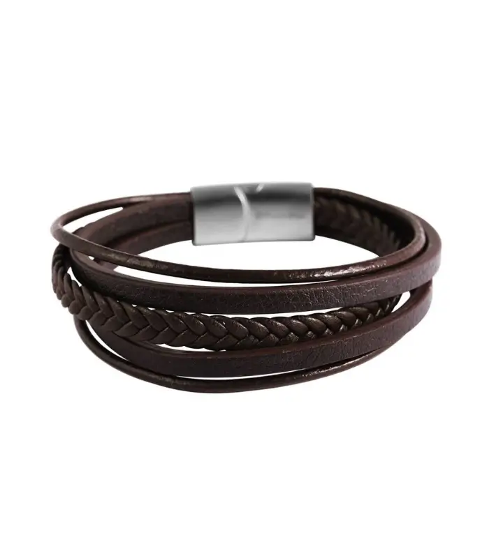 "Eddie" Akzent Echtleder/Lederimitat Armband, geflochten, schwarz, silberfarben, 22 cm