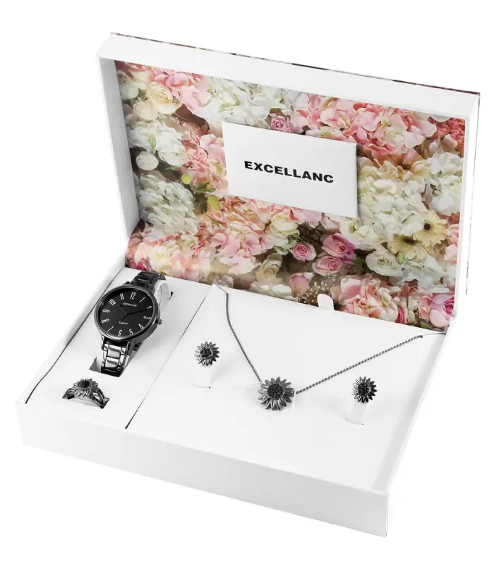 Excellanc Damen Geschenkset mit Uhr, Halskette, Fingerring und Ohrsteckern, silberfarben/schwarz