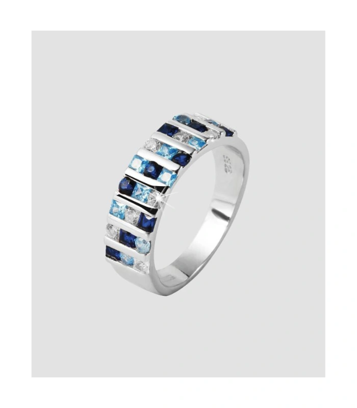 925 Echt Silber Ring mit blau-weißem Zirkoniabesatz, 925/rhodiniert