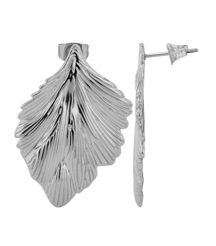 Boucles d’oreilles “Judi” en acier inoxydable, forme feuille, statement, argentées