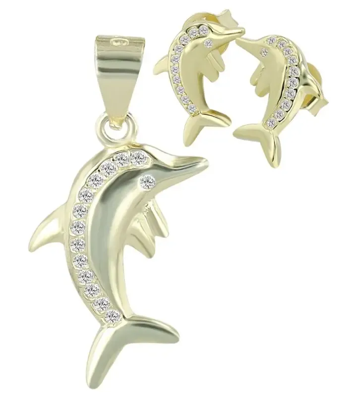 Silber Schmuck-Set, Anhänger,Ohrstecker Delphin mit Steine ,925/rhodiniert