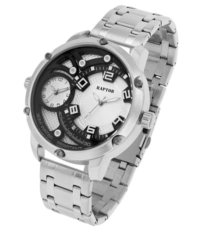 Raptor Herrenuhr „Ayaz“ Dual-Time, mit Edelstahlarmband, Ø 52 mm