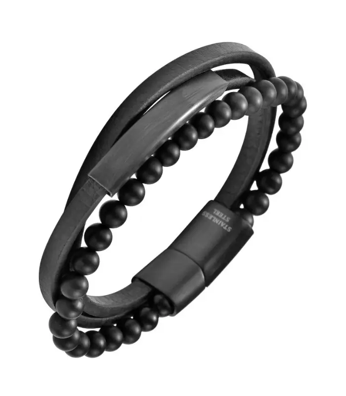 "Seza" Armband aus Echtleder mit Onyxkugeln, Gravurplatte, 21 cm