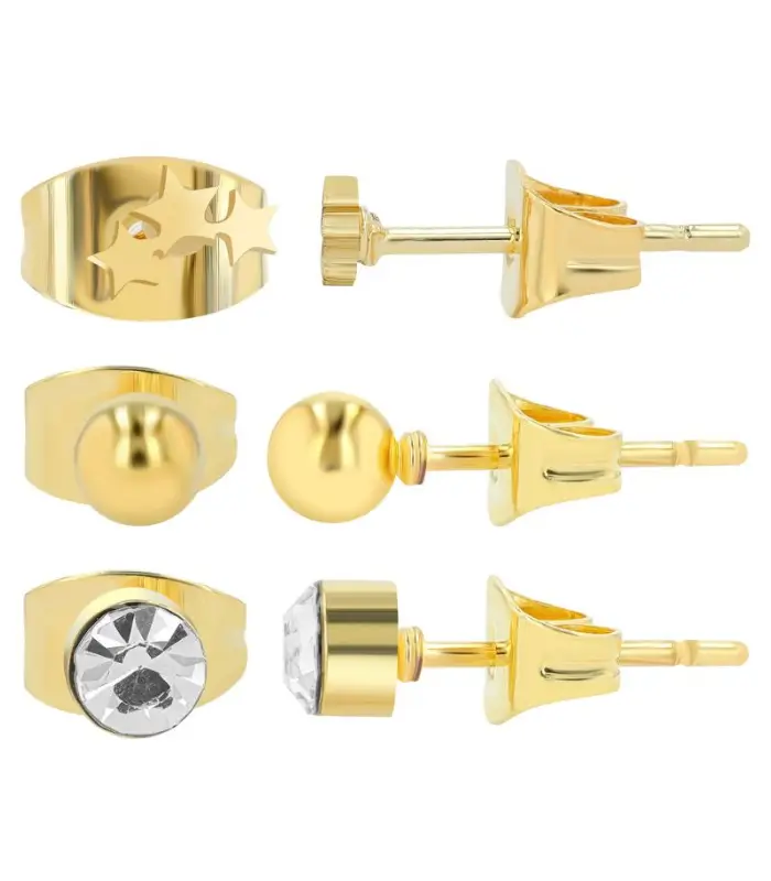 « Soleil », boucles d’oreilles en acier inoxydable, 3 paires, couleur or (VE12)