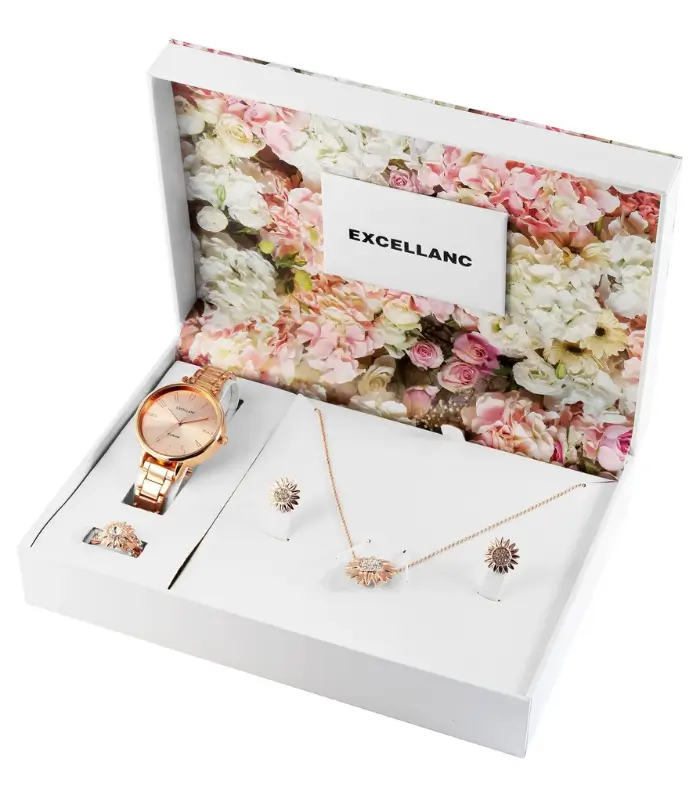 Excellanc Damen Geschenkset mit Uhr, Halskette, Fingerring und Ohrsteckern, silberfarben/schwarz