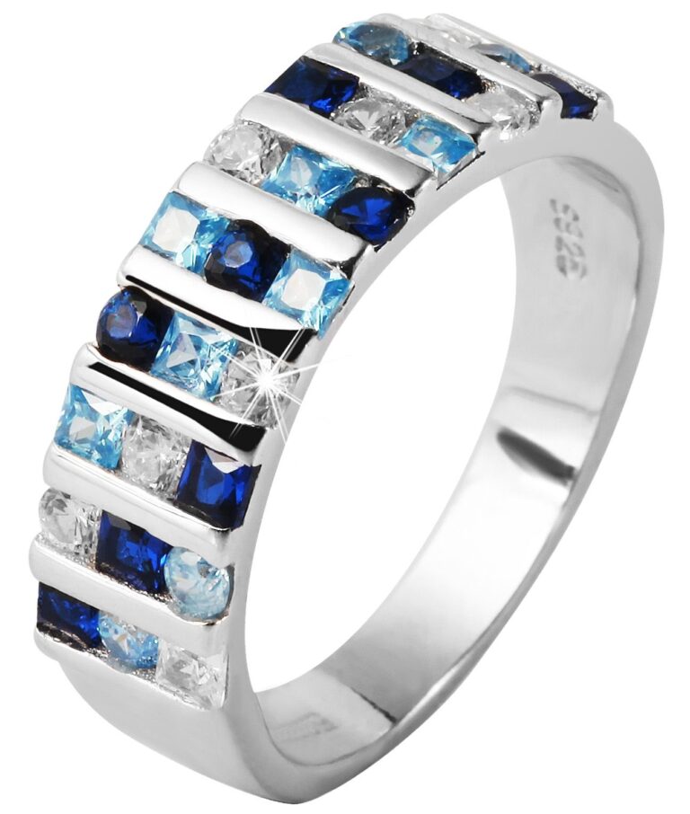 Bague en argent véritable 925 avec zirconias bleu et blanc, 925/rhodiée