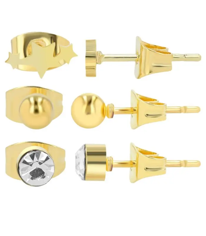 « Soleil », boucles d’oreilles en acier inoxydable, 3 paires, couleur or (VE12)