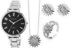 Excellanc Damen Geschenkset mit Uhr, Halskette, Fingerring und Ohrsteckern, silberfarben/schwarz – Bild 3