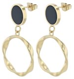 Moderne Ohrhänger Edelstahl goldfarben mit schwarzer Emaille und gedrehtem Anhänger