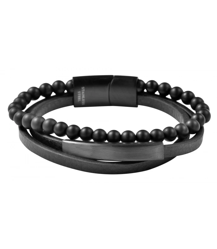 Bracelet « Seza » en cuir véritable avec perles d’onyx et plaque gravée, 21 cm