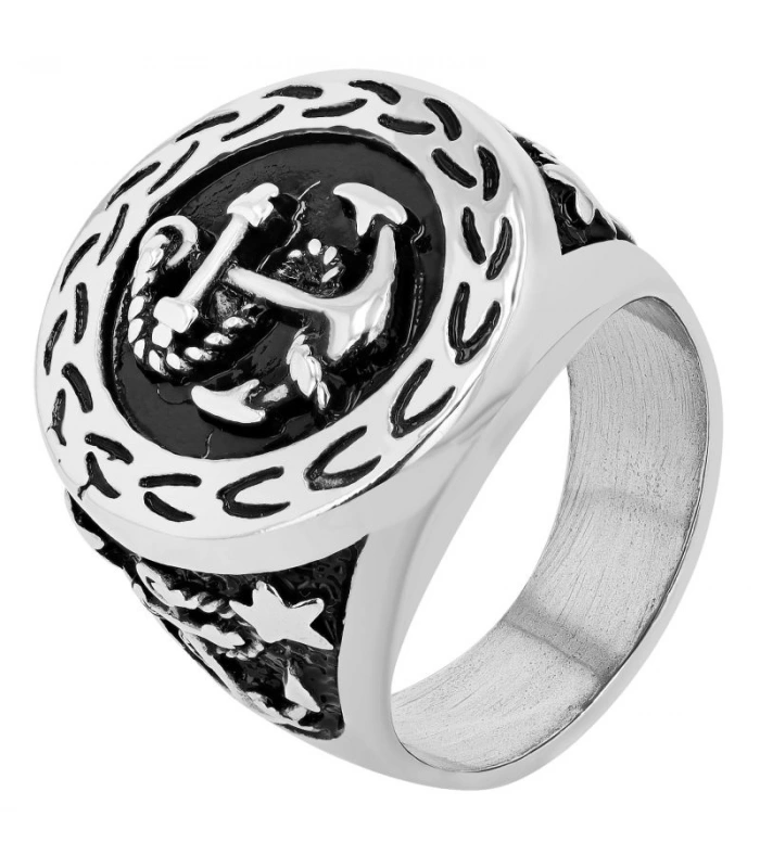"Coalton" Herrenring, maritimer Siegelring, Edelstahl, silberfarben/geschwärzt, Gr. 64