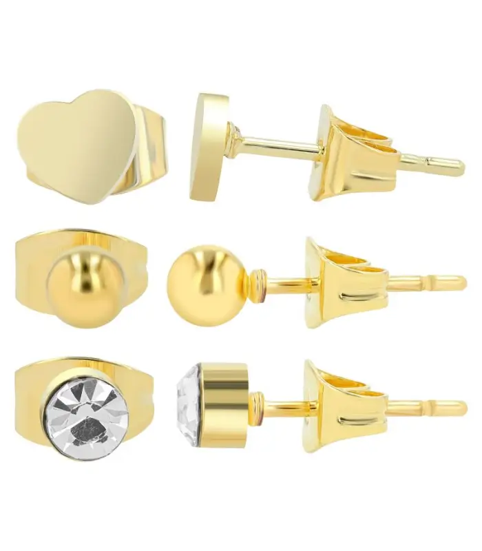 "Soleil", boucles d'oreilles en acier inoxydable, 3 paires, couleur or (lot de 12)