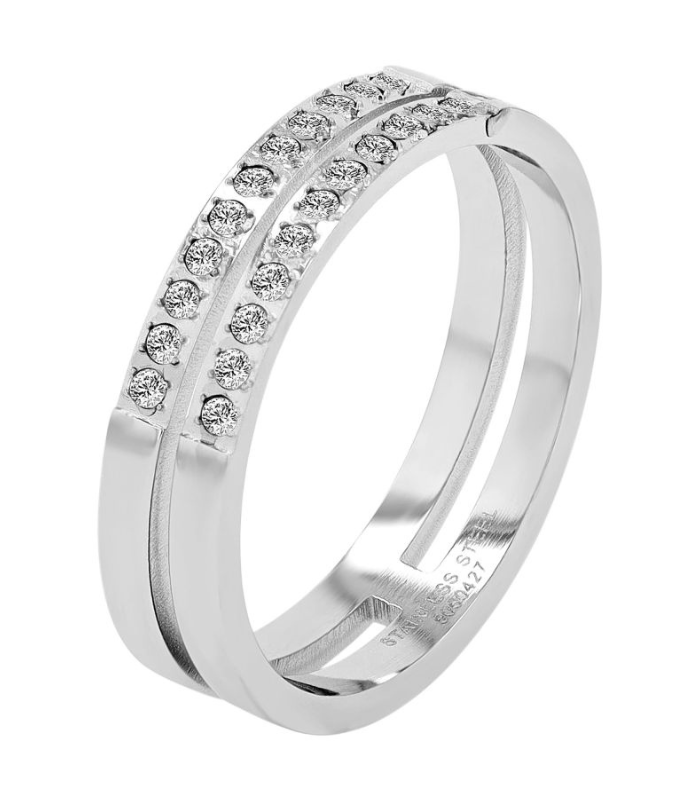 Akzent Damenring „Sombra“ aus Edelstahl, 2er Ringschiene mit Besatz, silberfarben