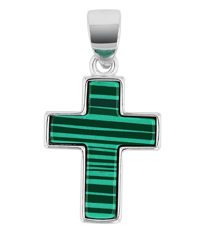"Lumen" 925/- Echt Silber Anhänger - Kreuz, rhodiniert/ Malachit
