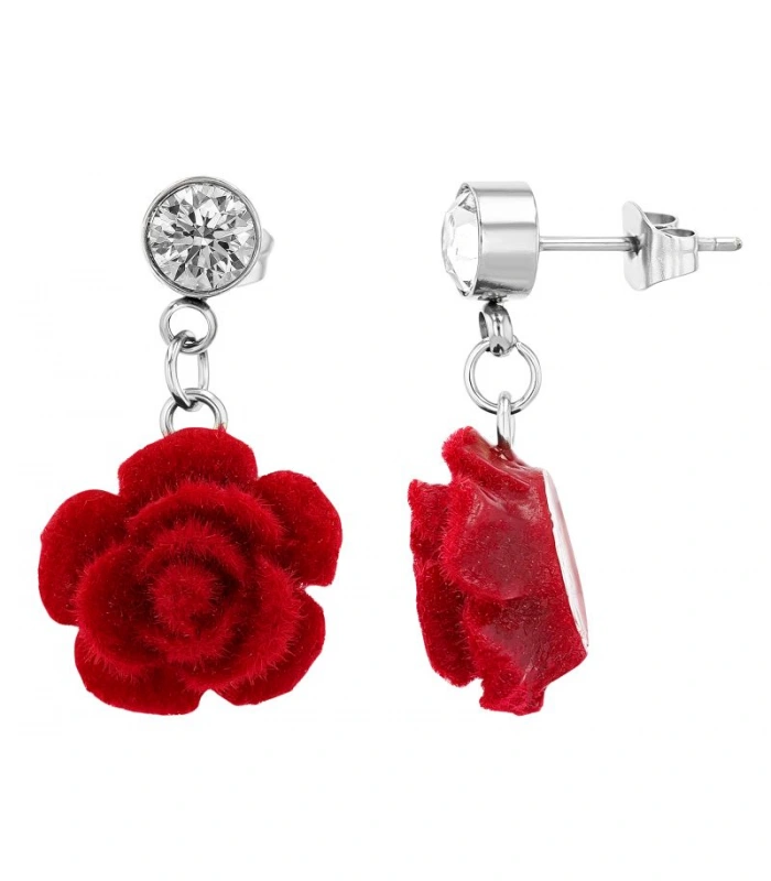 Boucles d'oreilles pendantes Rosa en acier inoxydable – Rose rouge et strass, argenté